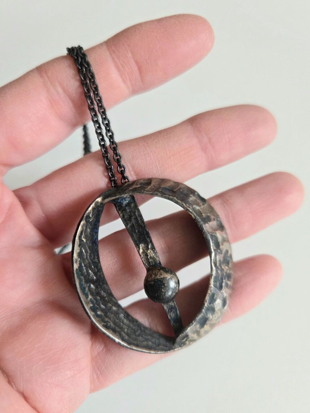 Vintage Scandinavian Brutalist Modernist Abstract Design Silver Pendant Hammered